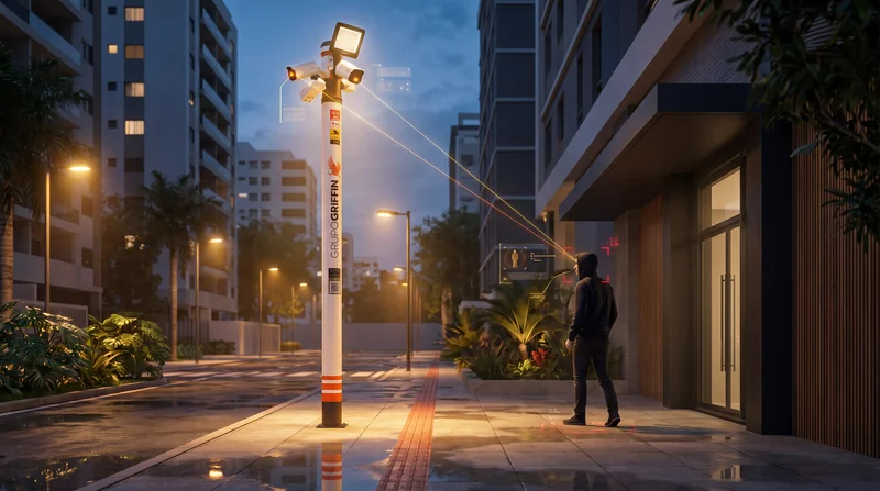 Totem Grupo Griffin iluminado na calçada de um condomínio ao anoitecer, com feixes de leitura apontando para uma pessoa encapuzada.