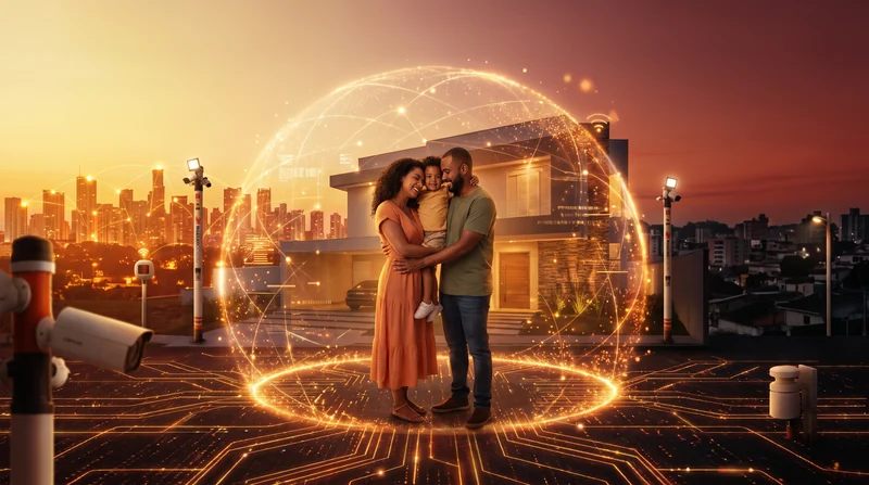 Família abraçada em frente a uma casa ao entardecer, envolvida por uma esfera de luz que representa a rede de proteção.