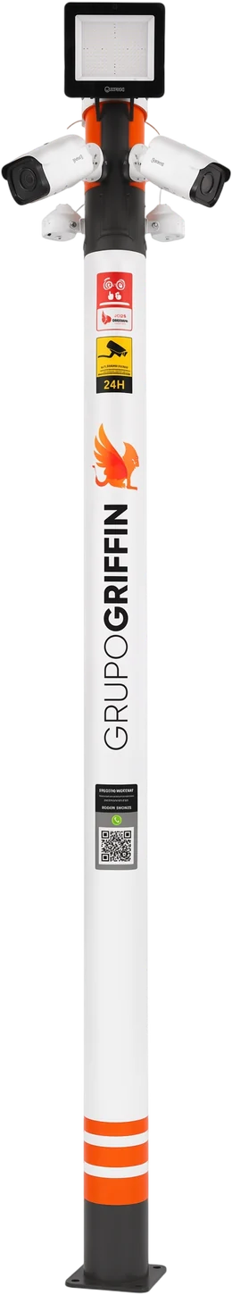 Totem Grupo Griffin visto de frente: refletor LED no topo, duas câmeras apontadas para lados opostos e a base com faixas refletivas parafusada na calçada.